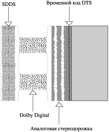 Схема физического расположения различных форматов на кинопленке. Как видно, Dolby Digital, DTS и SDDS вполне могут сосуществовать на одной прокатной копии фильма.