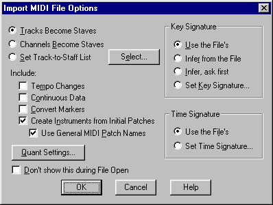Диалоговое окно для открытия MIDI файла в редакторе Finale 2000